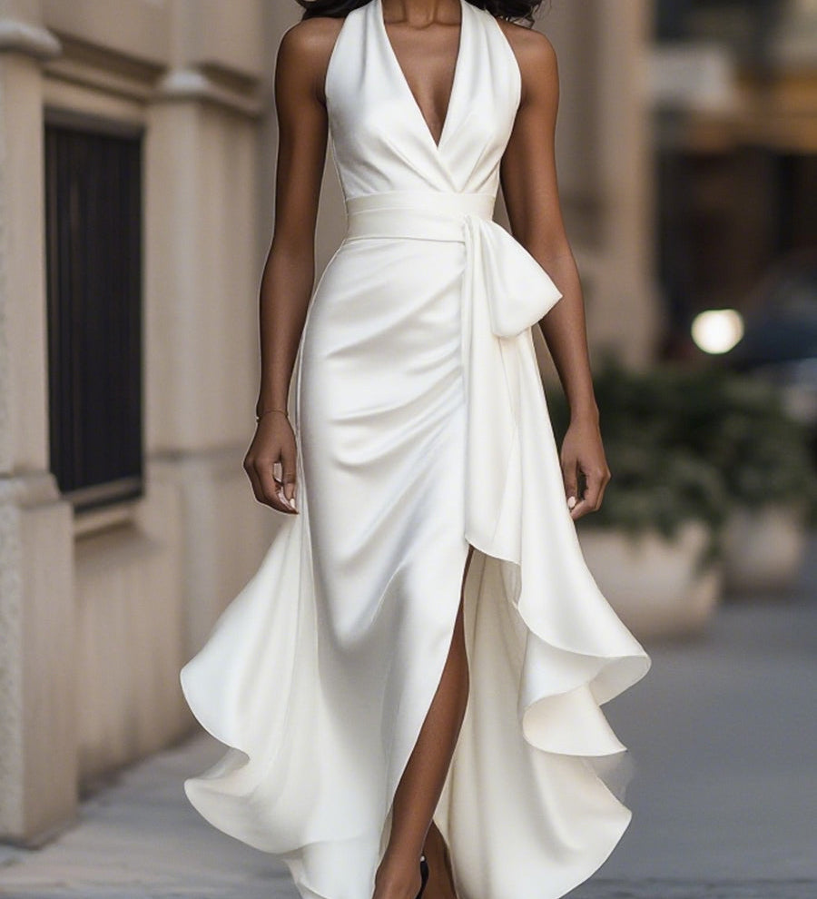 Karolína | Saténové šaty s volánky a halter výstřihem