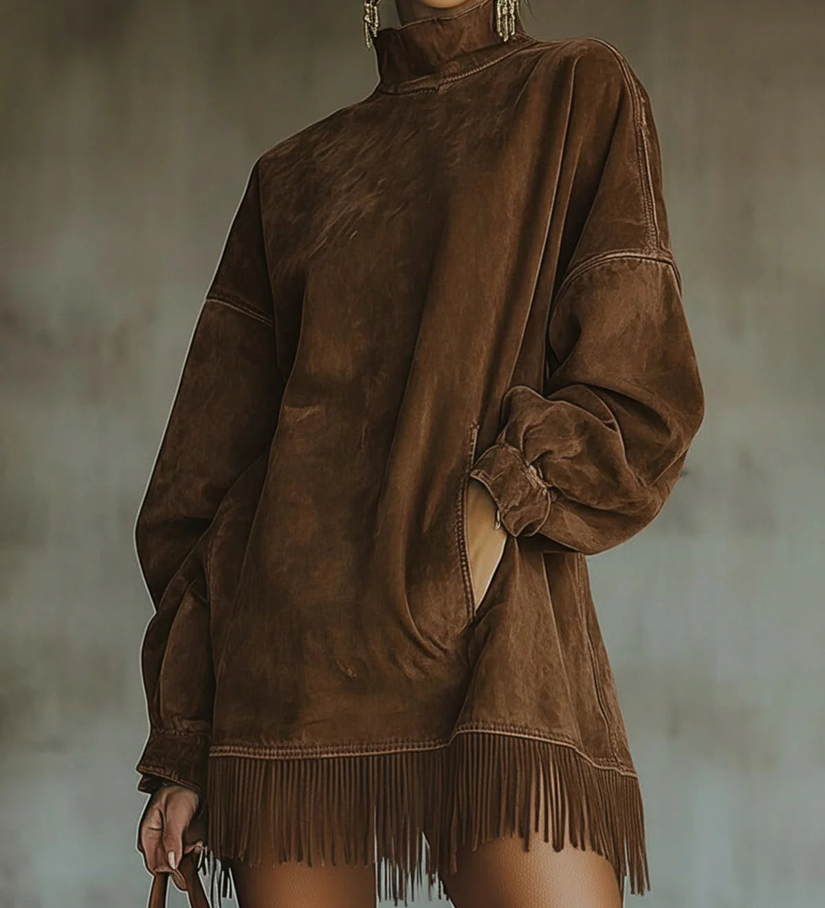 Božena | Semišové šaty s vysokým límcem a třásněmi