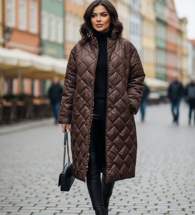 Tereza – Polodlouhý prošívaný kabát s leopardí podšívkou