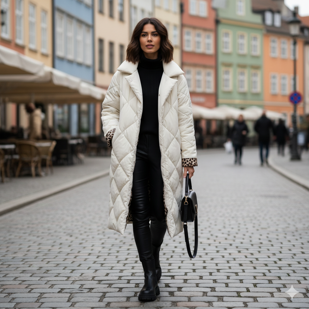 Tereza – Polodlouhý prošívaný kabát s leopardí podšívkou