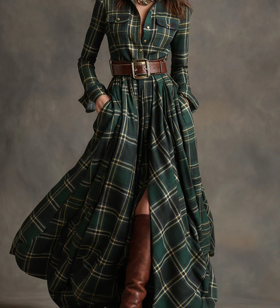 Beatrice | Dlouhé kostkované šaty s páskem