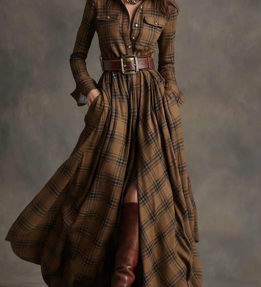 Beatrice | Dlouhé kostkované šaty s páskem