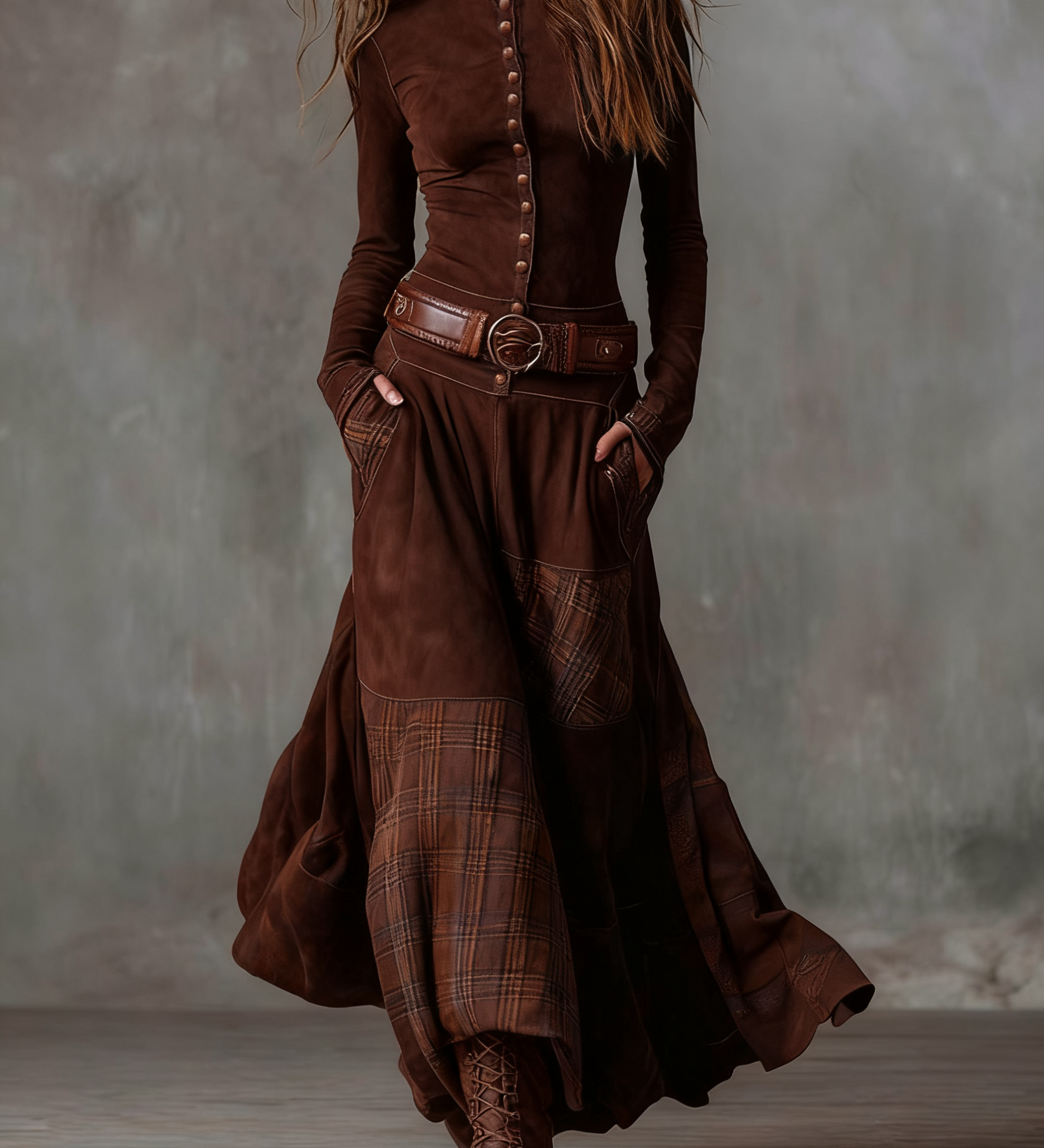 Tereza | Maxi šaty ze semiše s páskem